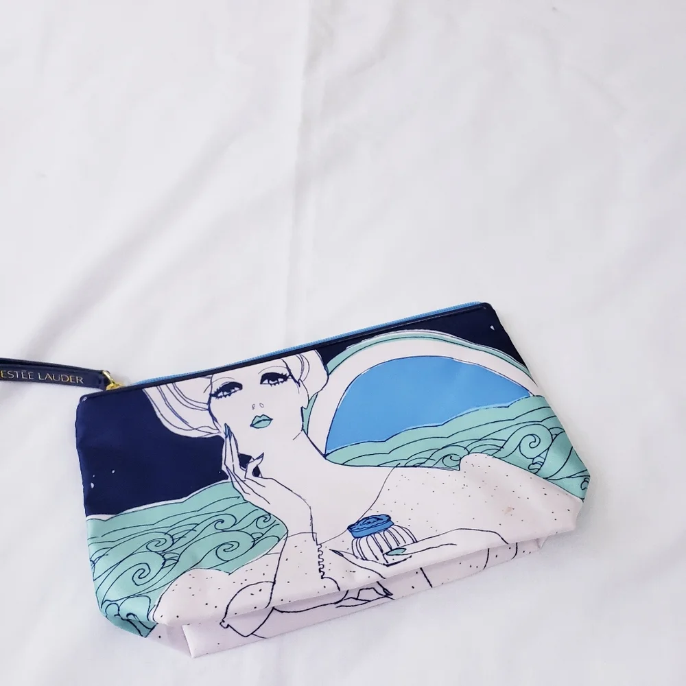 Estee Lauder Cosmetic Bag Elegant Lady Holding Perfume Blue Turquoise